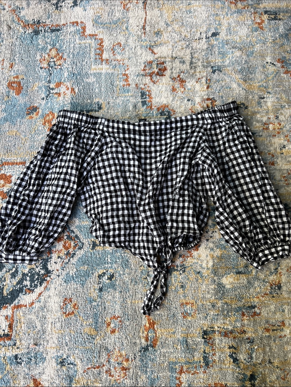 Black & White Gingham Off-Shoulder Tie-Front Cropped Blouse, SZ M